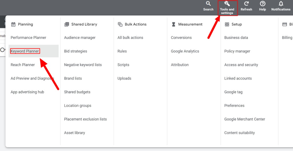 Keyword Planner dashboard