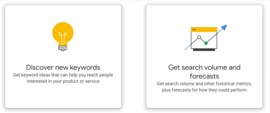 The options to choose 'Discover New Keywords' or 'Get Search Volumes and Forecasts'