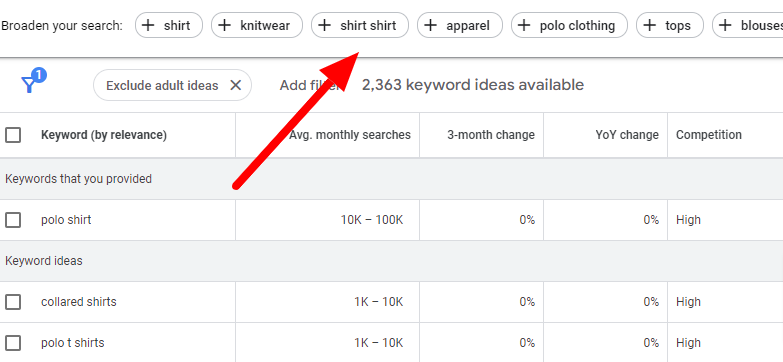 Arrow to indicate how to broaden the keyword search