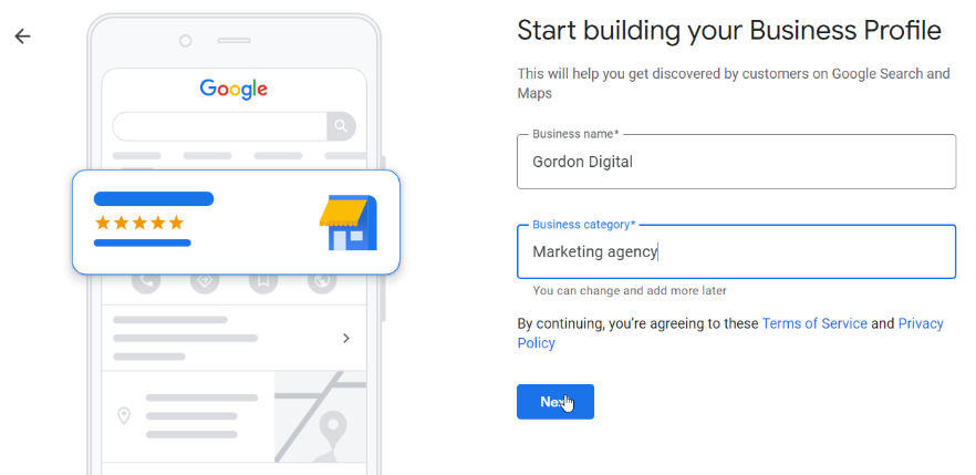 The first step of creating your Google Business profile