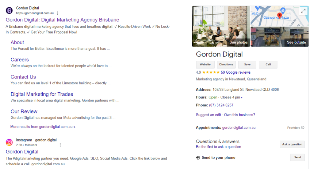 How Gordon Digital looks from SERPS which includes our Google Business Profile