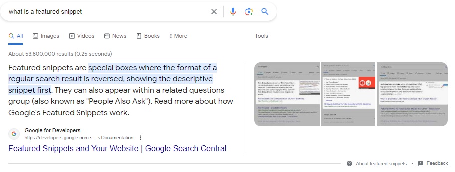 A screenshot of a text based featured snippet answering a question what is a featured snippet