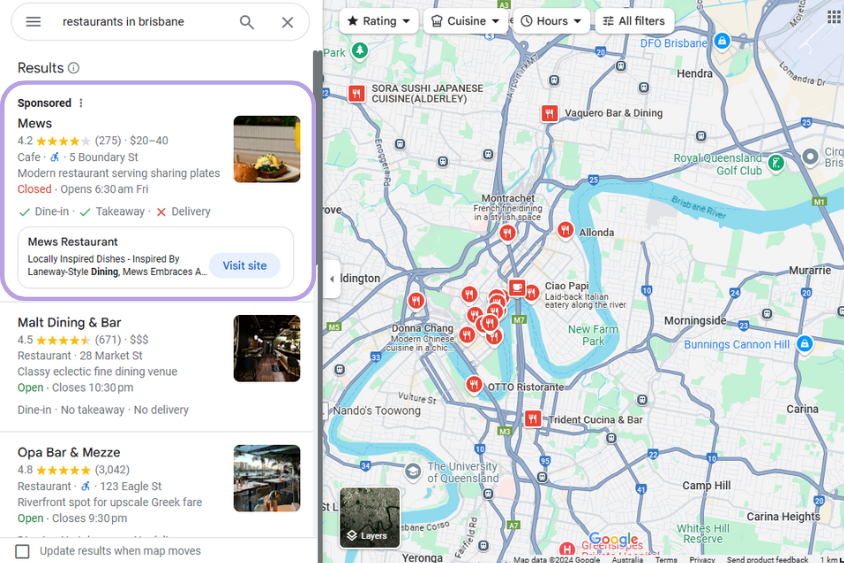 Example of Google Paid Ads in Google Maps