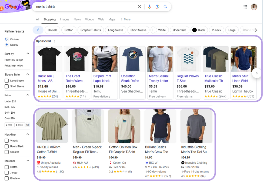 Example of men's tshirts as Google Shopping Ads in Search