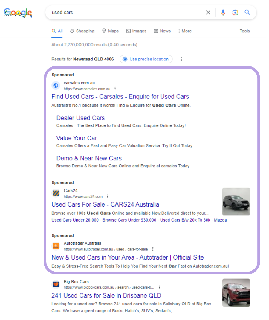 Example of Google text paid ads in Search