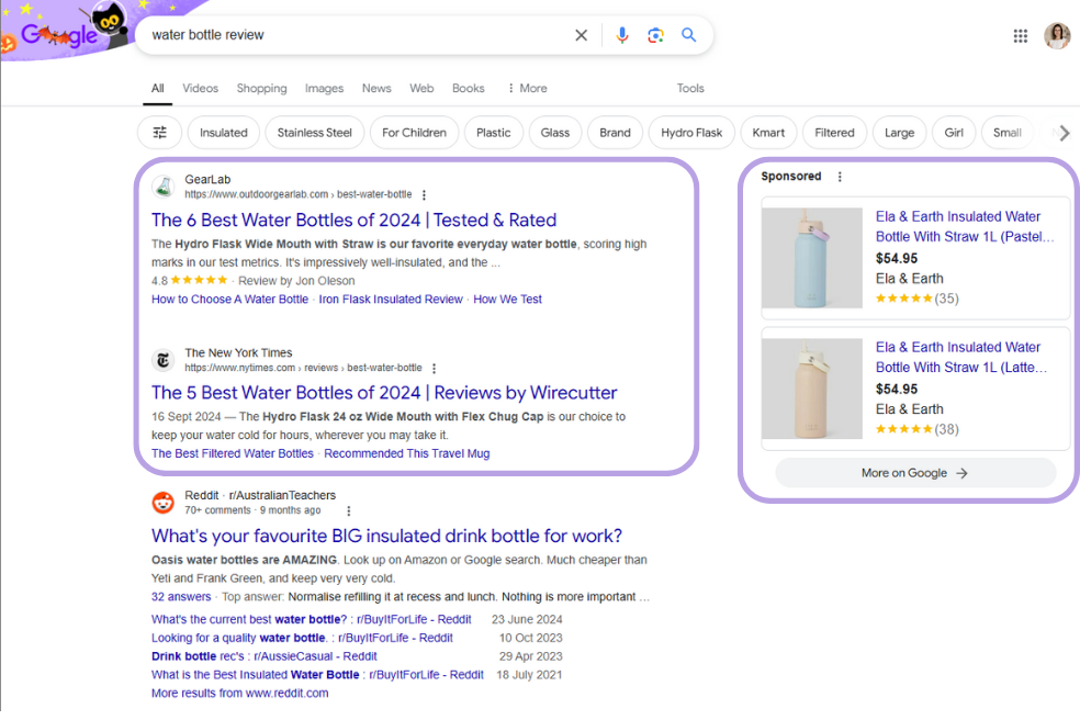 Example of water bottle review as Google Shopping Ads on the side of Search Results