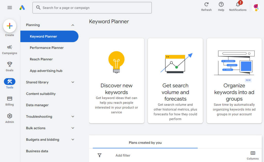 Google Keyword Planner dashboard