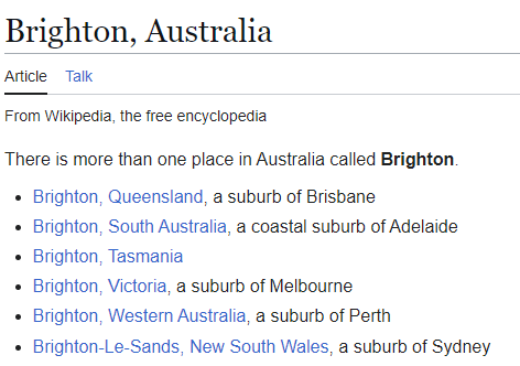 Example of suburb Brighton in Wikipedia, which has multiple duplicates across Australia