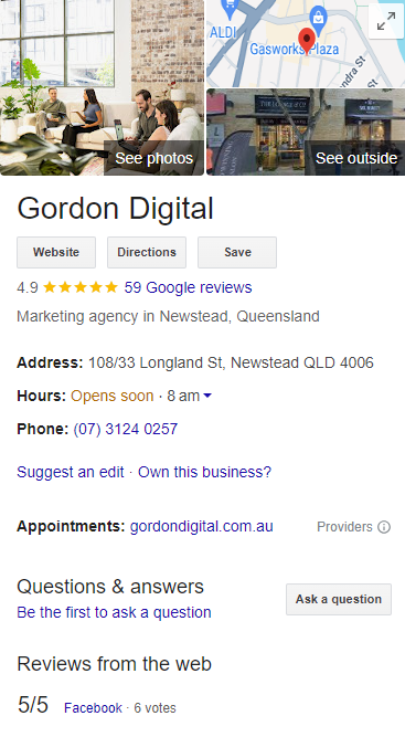 Google My Business profile for Gordon Digital