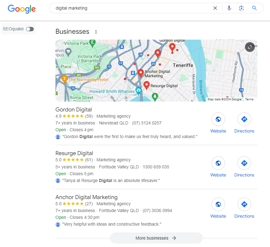 Local map pack in search results for digital marketing search term