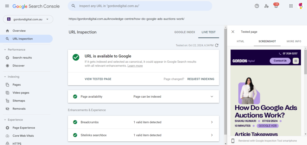 Google Search Console dashboard showing how to inspect and submit URLs for indexing