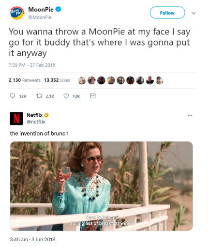 Tweet from MoonPie about the invention of brunch post from Netflix.