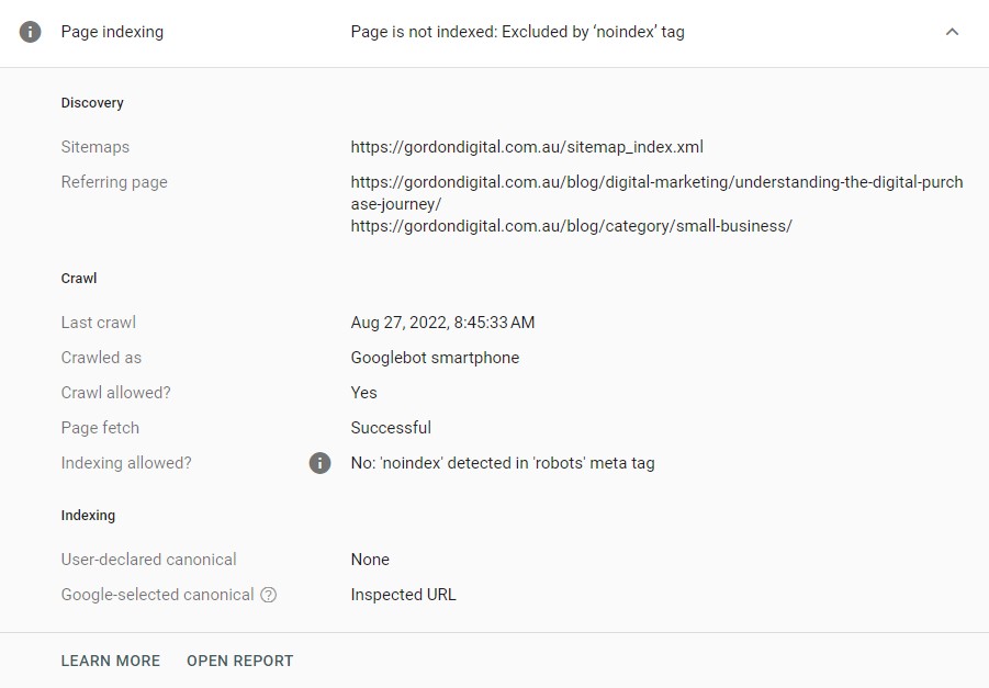 how Google discovered the URL, the date of the crawl, whether indexing was allowed, and canonical information