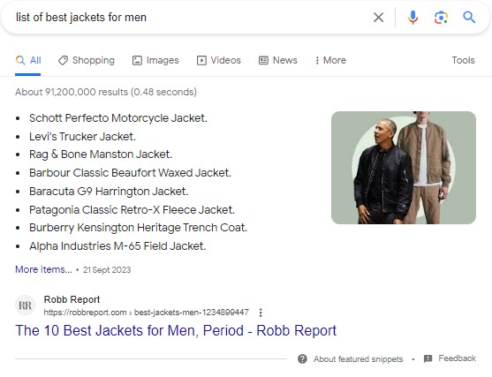 A featured snippet screenshot of an unordered list of best jackets