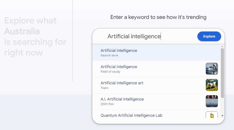 Typing in a topic into Google Trends