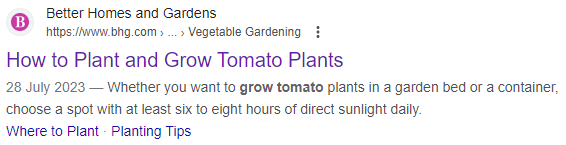 SERP result for Better Homes and Gardens